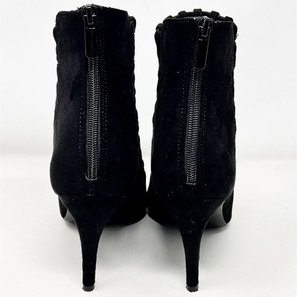 Impo Black‎ Faux Suede Stretch Ankle Boots Lattice Cutwork Zipper Back 3.5” Heel - Picture 4 of 11